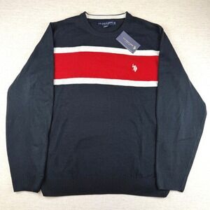 US Polo Assn NWT Mens Sweater XL Navy Red White Stripe Crewneck Long Sleeve